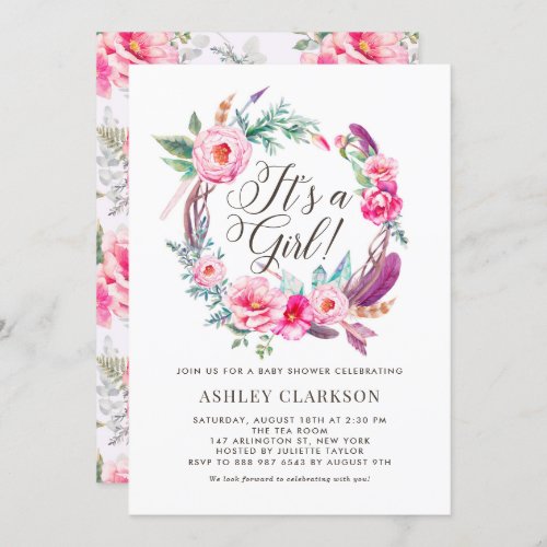 Boho Pink Peonies Wreath Its a Girl Baby Showers Invitation