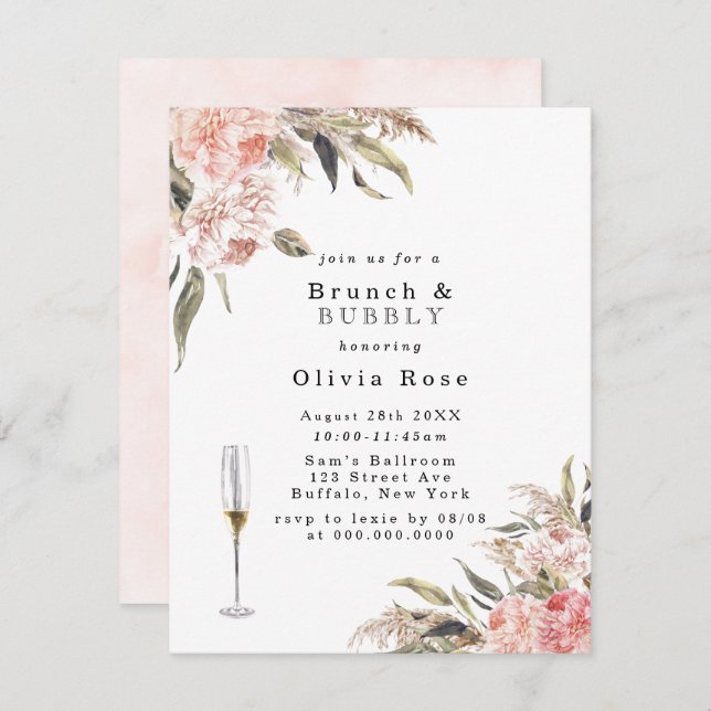 Boho Pink Peony Brunch & Bubbly Invitation (Front/Back)