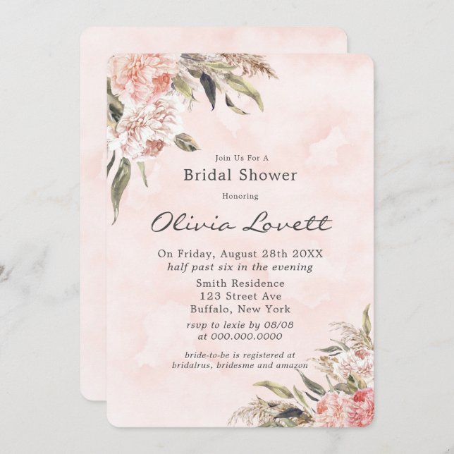 Boho Pink Peony Pampas Bridal Shower Invitations (Front/Back)