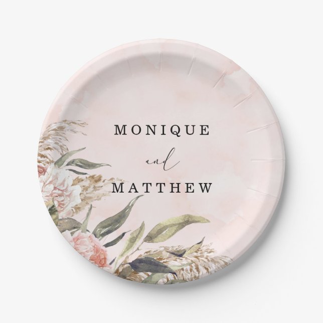 Boho Pink Peony Pampas Grass Wedding Paper Plates (Front)