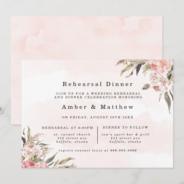 Boho Pink Peony Pampas Rehearsal Dinner Invitation (Front/Back)