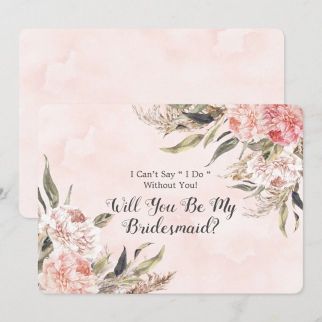 Boho Pink Peony Pampas Will You Be My Bridesmaid I Invitation (Front/Back)