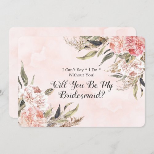 Boho Pink Peony Pampas Will You Be My Bridesmaid I Invitation