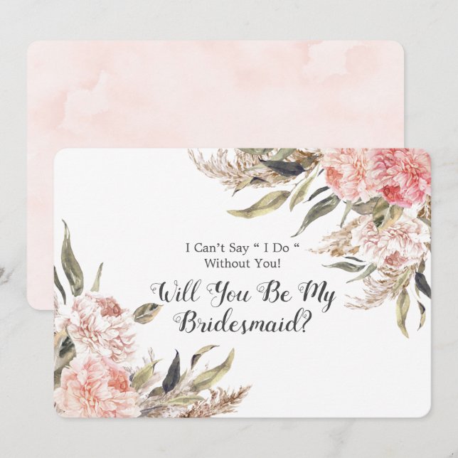 Boho Pink Peony Pampas Will You Be My Bridesmaid Invitation (Front/Back)