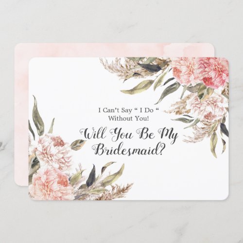 Boho Pink Peony Pampas Will You Be My Bridesmaid Invitation