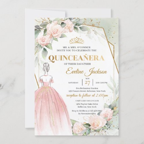 Boho Pink princess dress blush flowers Quinceanera Invitation