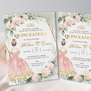 Boho Pink princess dress blush flowers Quinceanera Invitation