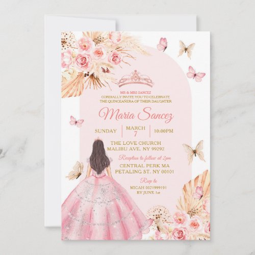 Boho Pink Princess Floral Mexican Quinceaera Invitation