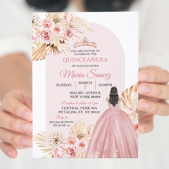 Boho Pink Princess Floral Mis Quince Invitation (Creator Uploaded)