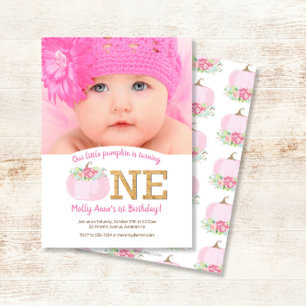 Boho Pink Pumpkin Fall 1st Birthday Girl Photo Invitation