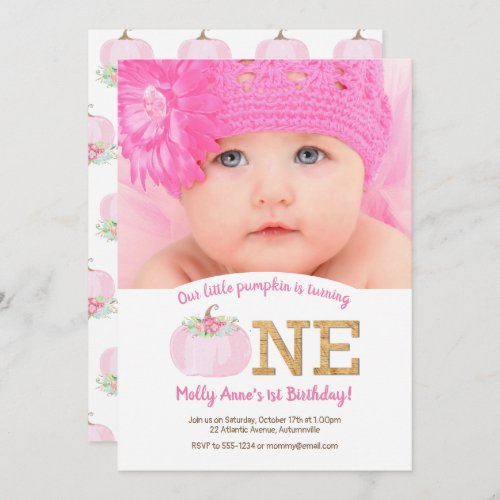 Boho Pink Pumpkin Fall 1st Birthday Girl Photo Invitation