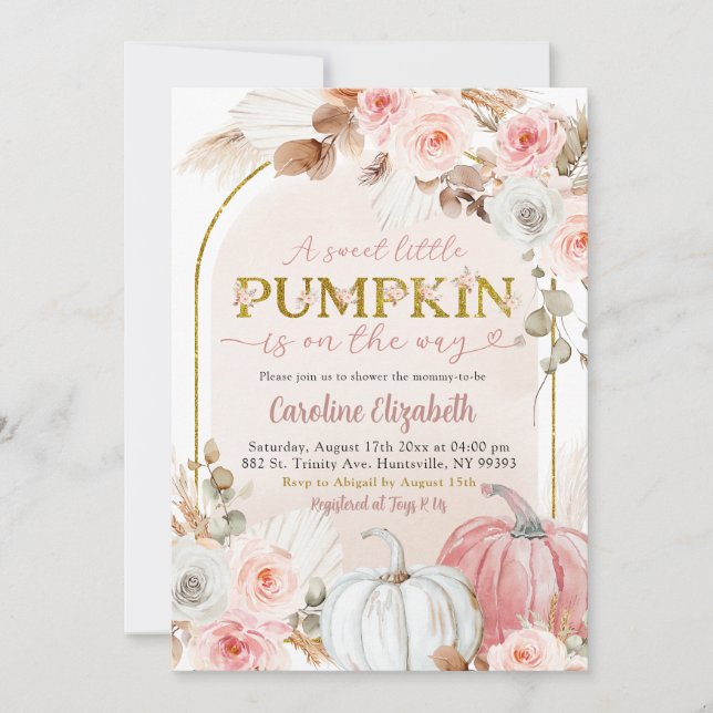 Boho Pink Pumpkin Fall Autumn Baby Shower Invitation (Front)