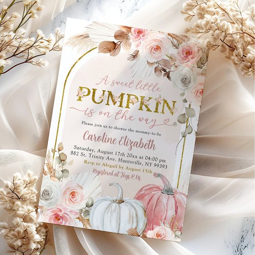 Boho Pink Pumpkin Fall Autumn Baby Shower Invitation