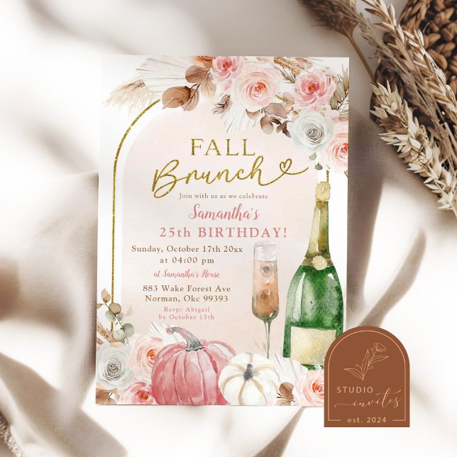 Boho Pink Pumpkin Fall Brunch Birthday Wine Invitation (Creator Uploaded)