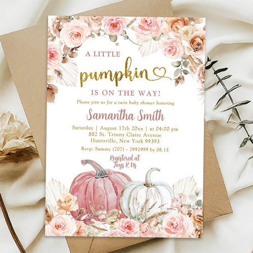 Boho Pink Pumpkin Fall Girl Baby Shower  Invitation