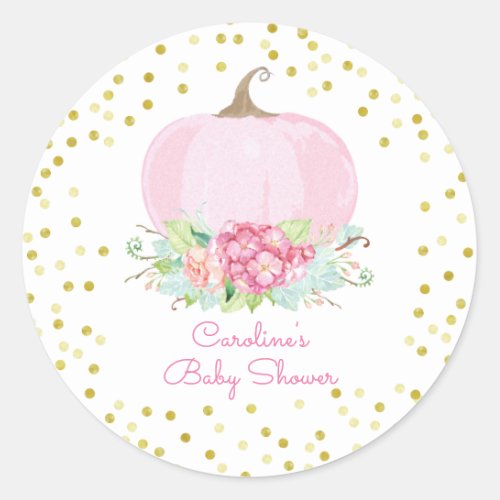 Boho Pink Pumpkin Gold Dots Baby Girl Shower Classic Round Sticker