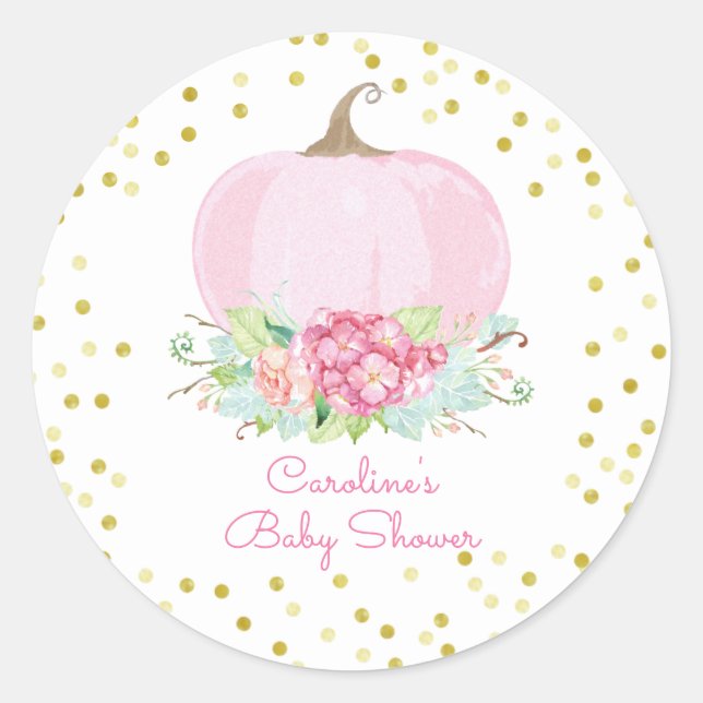 Boho Pink Pumpkin Gold Dots Baby Girl Shower Classic Round Sticker (Front)