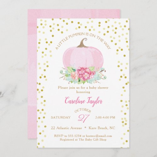 Boho Pink Pumpkin Gold Dots Fall Baby Shower Invitation