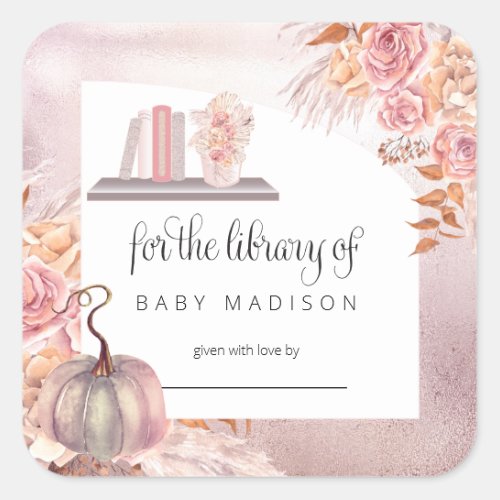Boho Pink Pumpkin  Pampas Grass Baby Bookplate