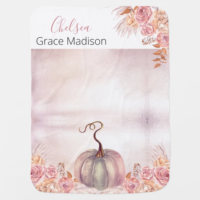 Boho Pink Pumpkin | Pampas Grass Girl Baby Blanket (Front)