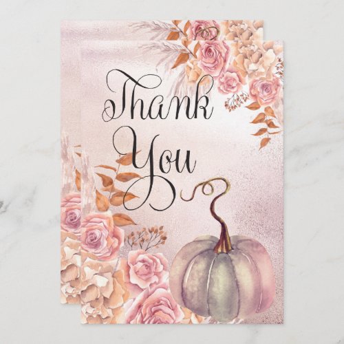 Boho Pink Pumpkin  Pampas Grass Girl Baby Shower Thank You Card