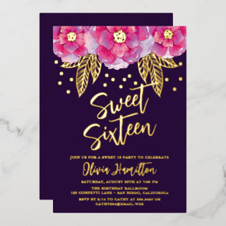 Boho Pink Purple Flowers Sweet 16 Foil Invitation