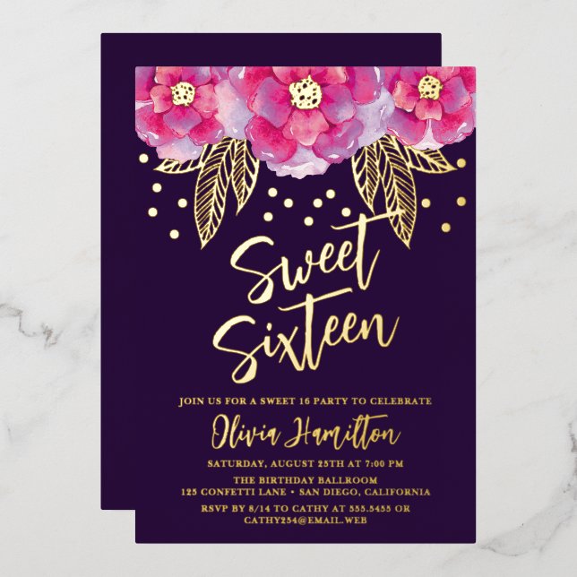 Boho Pink Purple Flowers Sweet 16 Foil Invitation (Front/Back)
