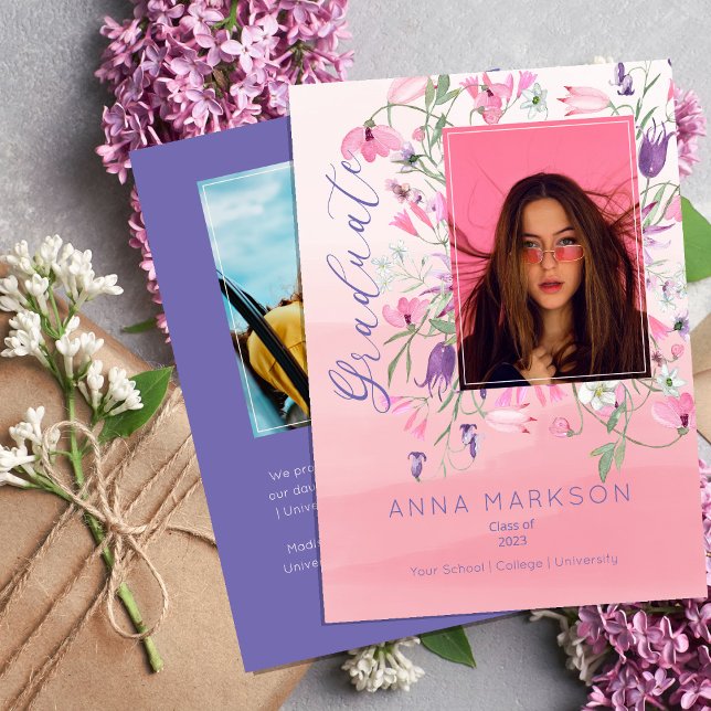 Boho Pink | Purple Watercolor Wildflowers Graduate Invitation (Creator Uploaded)