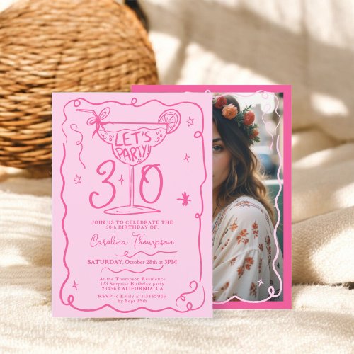 Boho pink quirky whimsical scribbles 30 birthday invitation