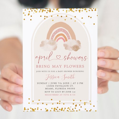 Boho Pink Rainbow April Showers Baby Shower Invitation