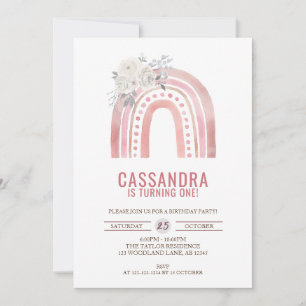Boho Pink Rainbow Birthday, Roses 1st Birthday Invitation