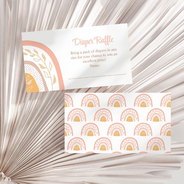Boho PInk Rainbow Diaper Raffle Enclosure Card (Boho PInk Rainbow Diaper Raffle Enclosure Card on a white dry palm leaf.)