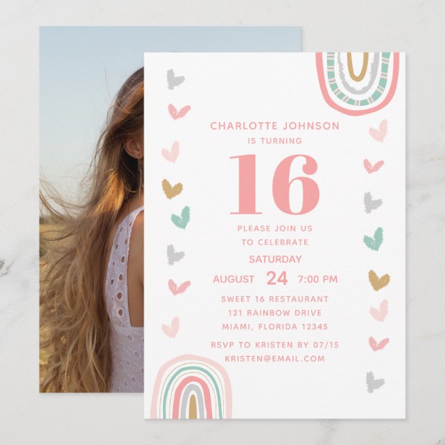 Boho Pink Rainbow Modern 16th Birthday Party Invitation (Front/Back)