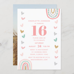 Boho Pink Rainbow Modern 16th Birthday Party Invitation