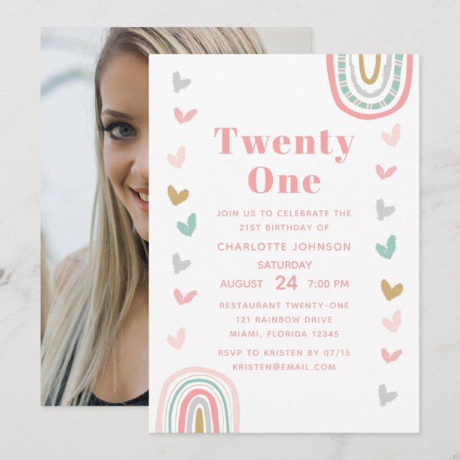 Boho Pink Rainbow Modern 21st Birthday Party Invitation (Front/Back)