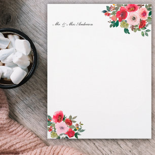 Boho pink & red floral, customized name letterhead