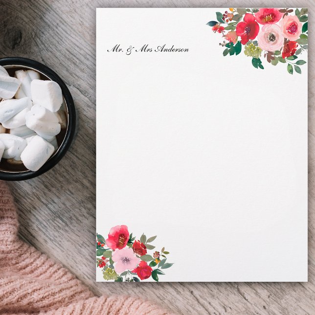 Boho pink & red floral, customized name letterhead (Creator Uploaded)