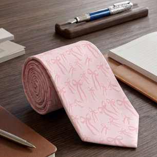 Boho Pink Ribbon Bows Pattern On Powder Blush Pink Neck Tie