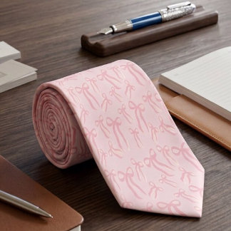 Boho Pink Ribbon Bows Pattern On Powder Blush Pink Neck Tie