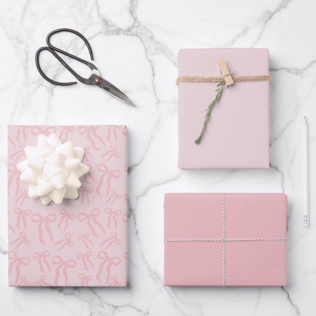 Boho Pink Ribbon Bows Pattern On Powder Blush Pink Wrapping Paper Sheets (Front)