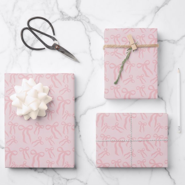 Boho Pink Ribbon Bows Pattern On Powder Blush Pink Wrapping Paper Sheets (Front)
