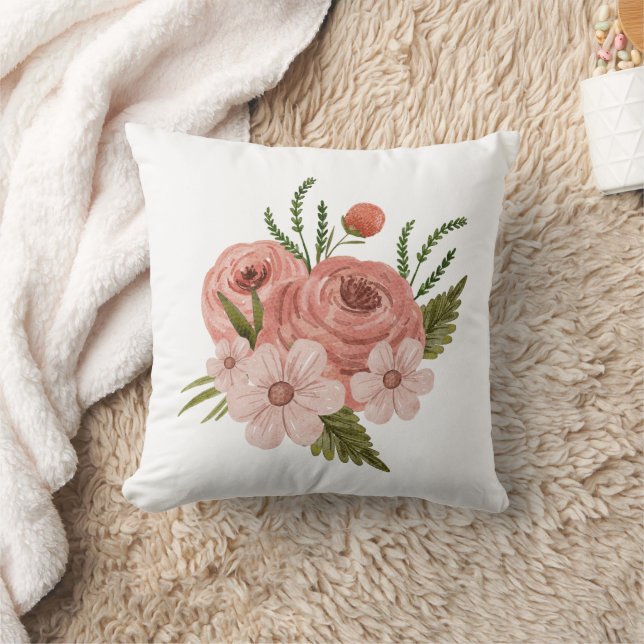 Boho Pink Rose Floral Autumn Fall Throw Pillow (Blanket)