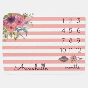 Boho Pink Rose Floral Baby Girl Monthly Milestone Blanket