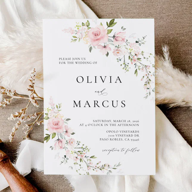 Boho Pink Rose Floral Botanical Wedding Invitation | Zazzle