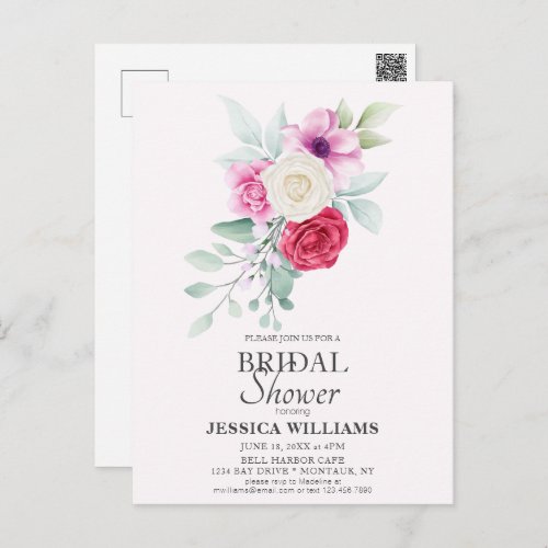 Boho Pink Rose Floral Bouquet Bridal Shower Postcard