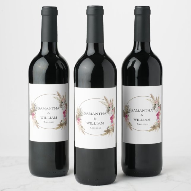 Boho Pink Rose Floral Personalized Wedding Wine Label (Bottles)