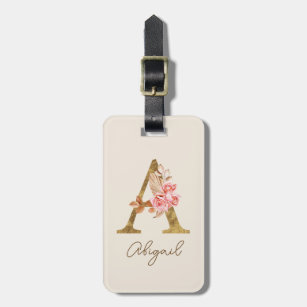 Boho Pink Roses and Gold Custom Letter A Monogram Luggage Tag