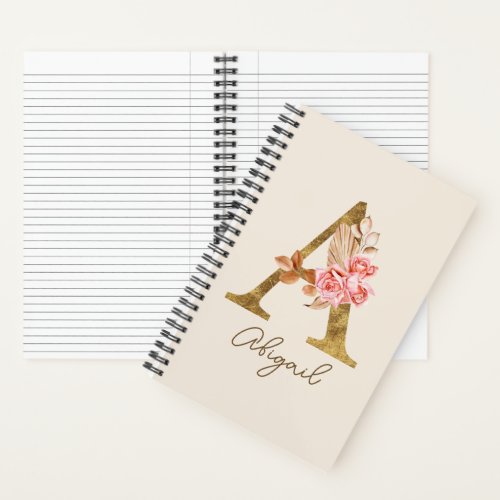 Boho Pink Roses and Gold Custom Letter A Monogram Notebook