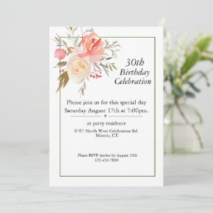 Boho Pink Roses, Customizable 30th Birthday Invitation
