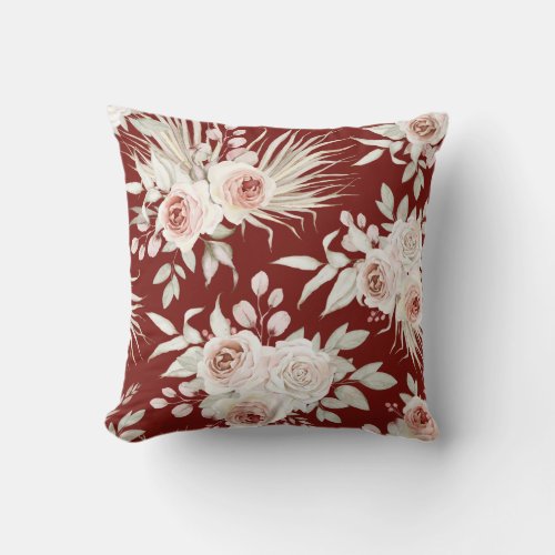 Boho Pink Roses on Burgundy Red Throw Pillow